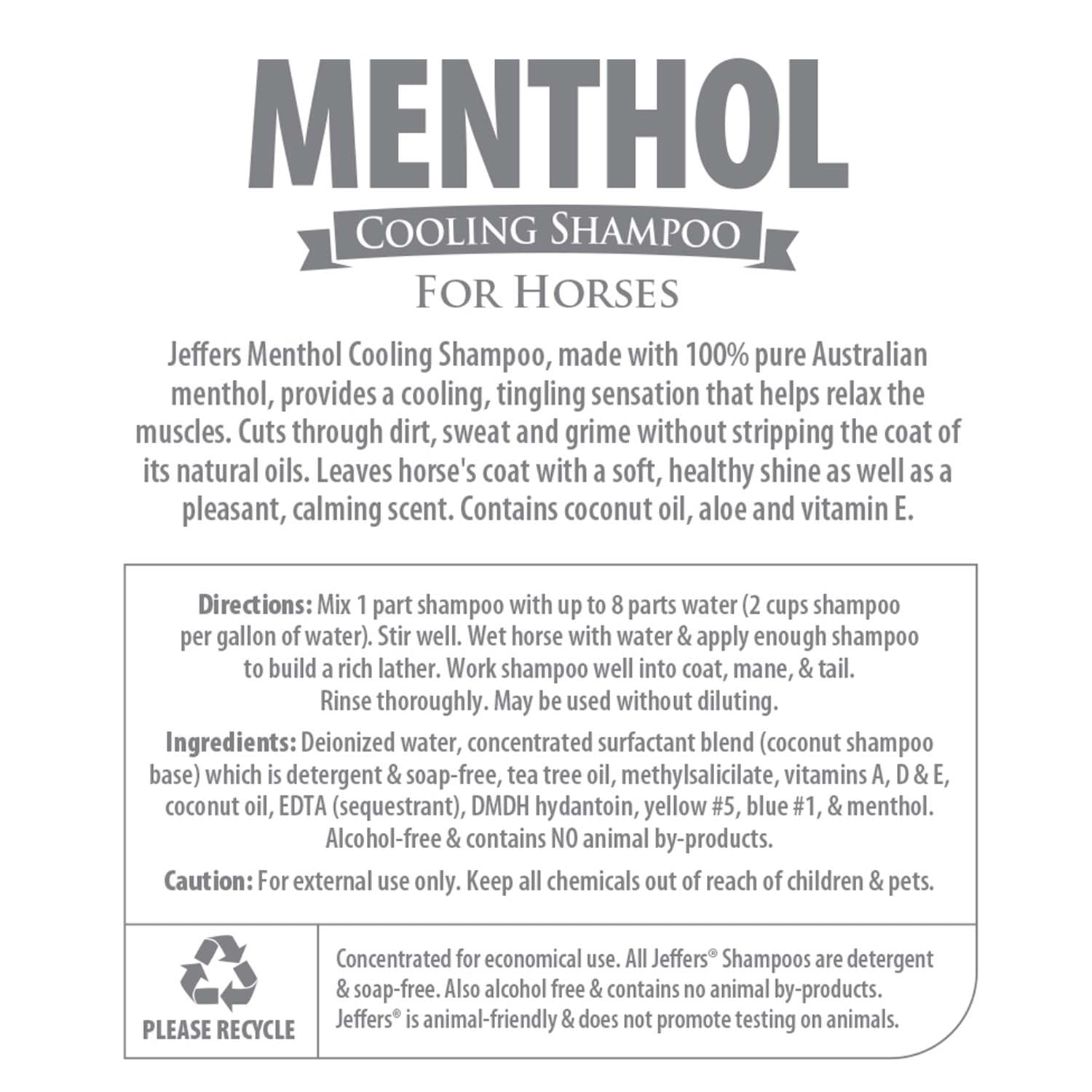 Jeffers Equine Menthol Cooling Horse Shampoo 1 Gallon - 100% Pure Australian Menthol, Coconut Oil, Aloe & Vitamin E - Moisturizi